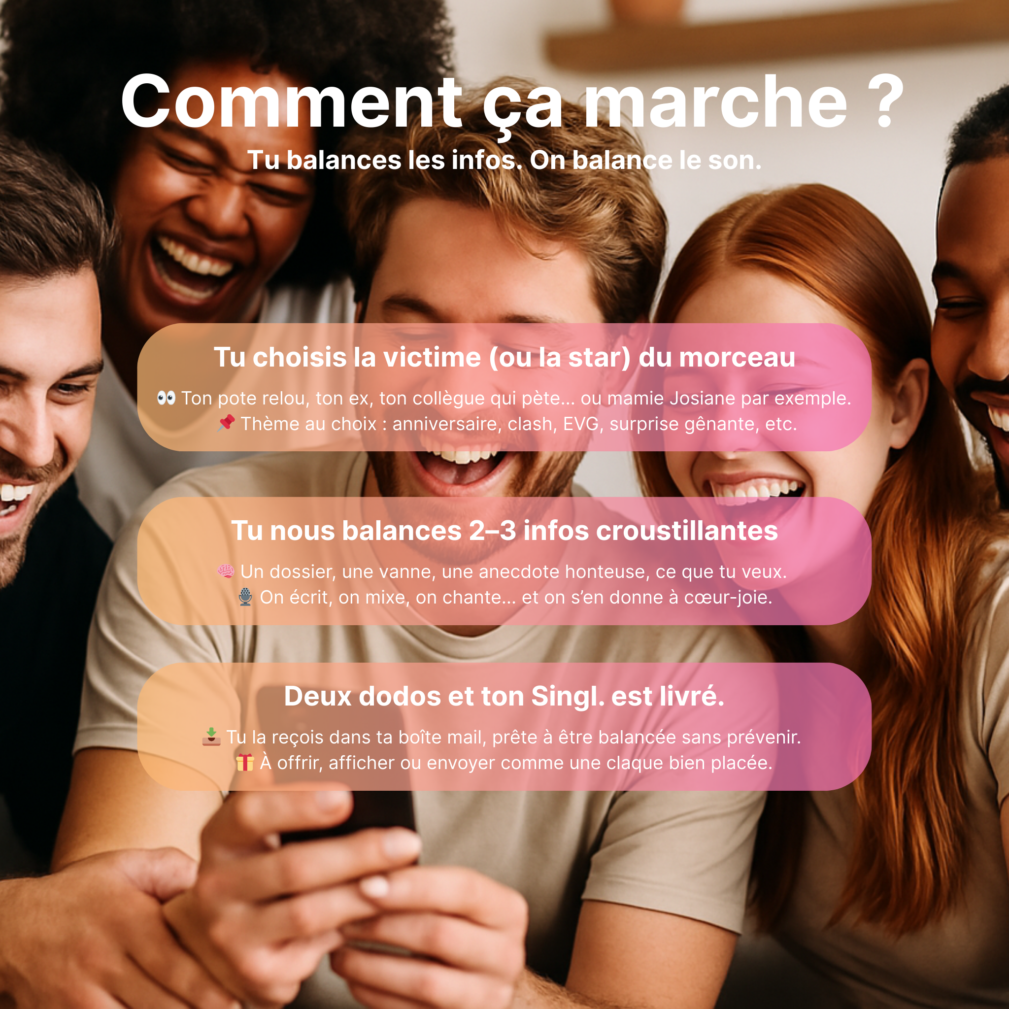 chanson 100 % personnalisée. Pour faire rire. Fort. Et longtemps.